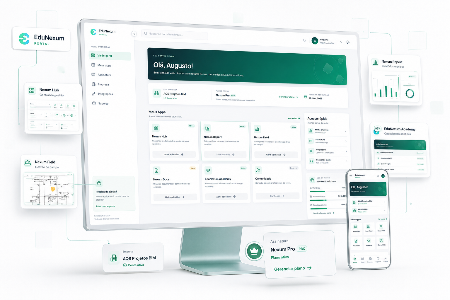 EduNexum Portal com apps, organização, plano e acesso rápido em uma interface integrada