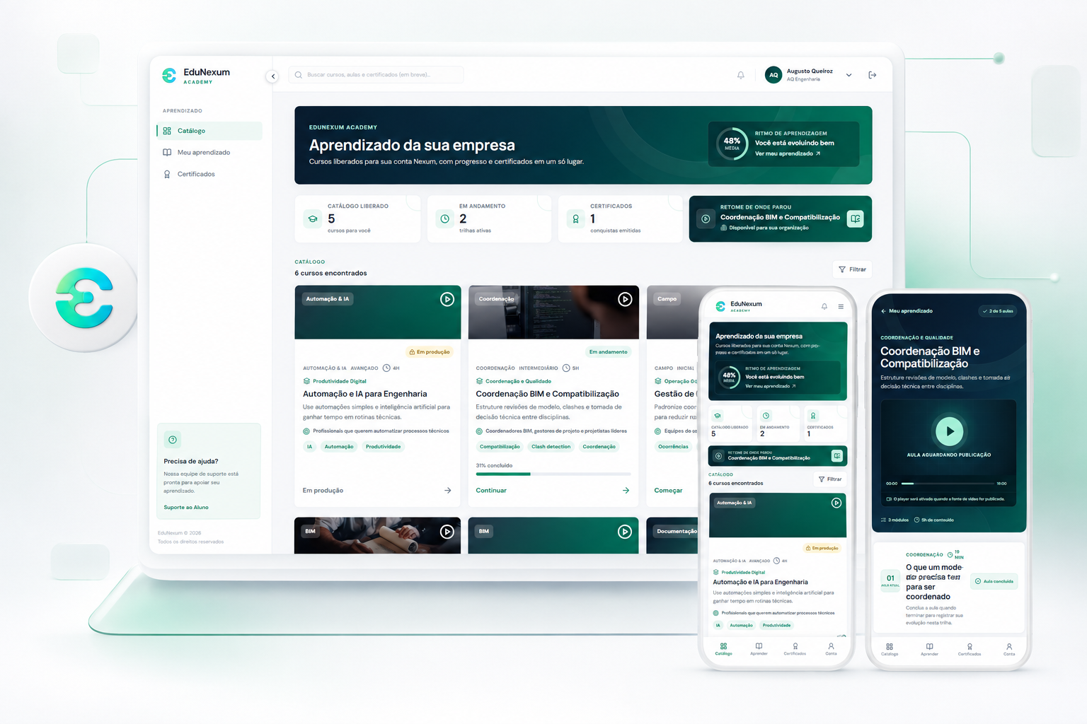 EduNexum Academy com catálogo de cursos, trilhas e aula em dispositivos desktop e mobile