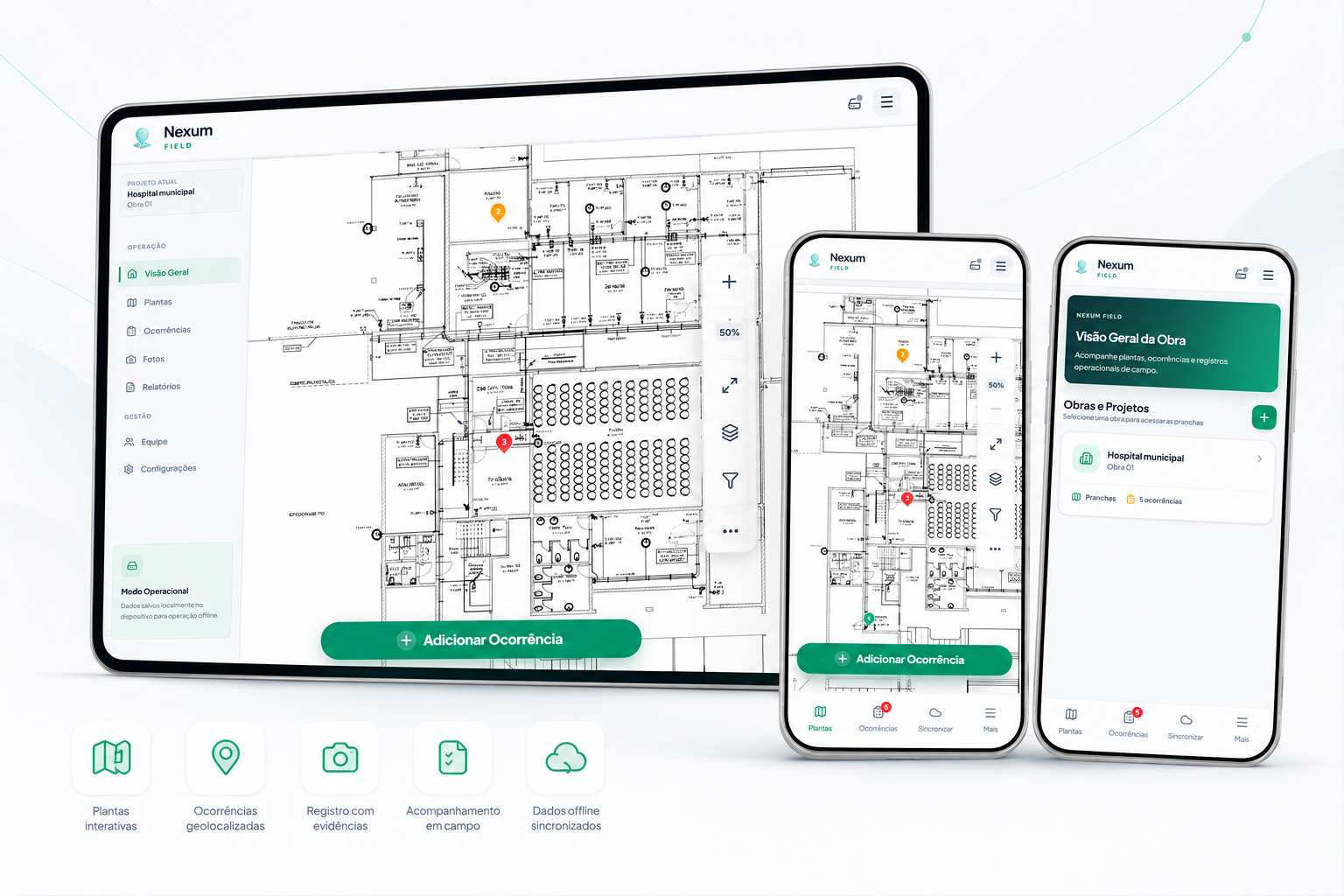Nexum Field com planta técnica, ocorrências e fluxo mobile de campo