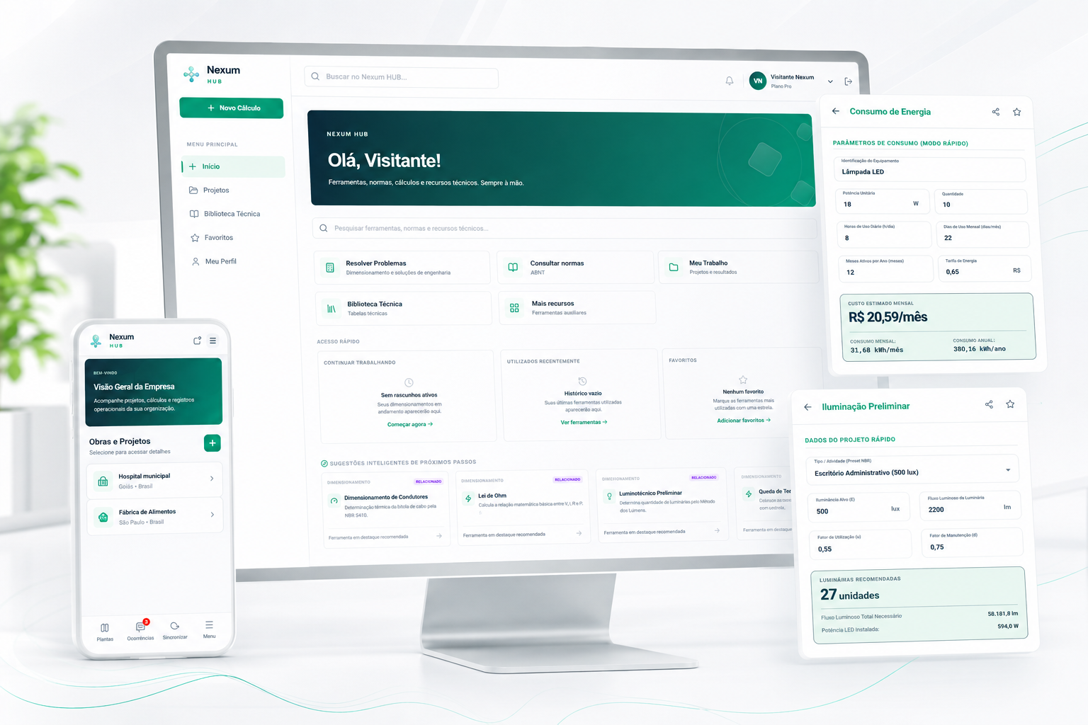 Nexum HUB com dashboard técnico, calculadoras, normas e painéis de engenharia